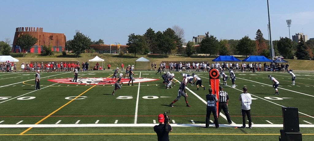 A Canadian football game between the Toronto Varsity Blues and the York University Lions at York's Alumni Field