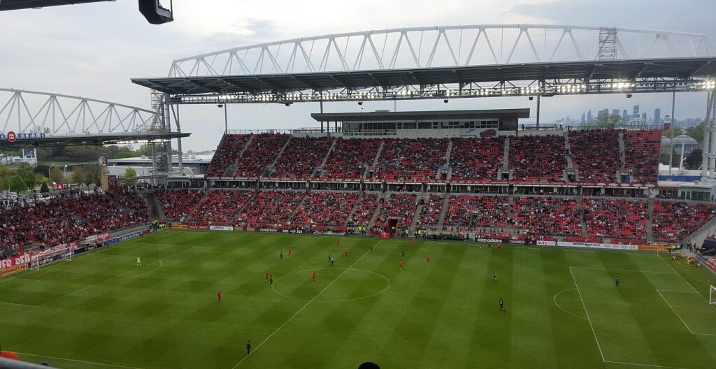 View of BMO Field from the grandstands. The CFL's Toronto Argonauts and MLS' Toronto FC play their home games at the outdoor stadium.