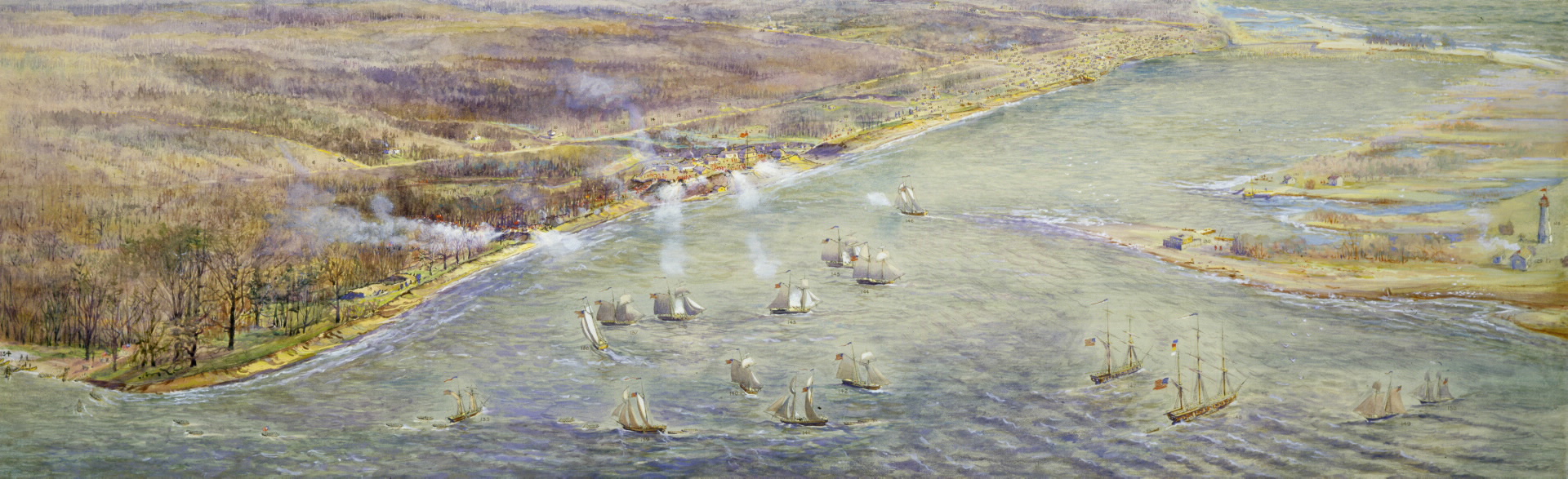 An American squadron exchanging fire with Fort York during the Battle of York, 1813. The American landing is depicted to the west (left foreground).