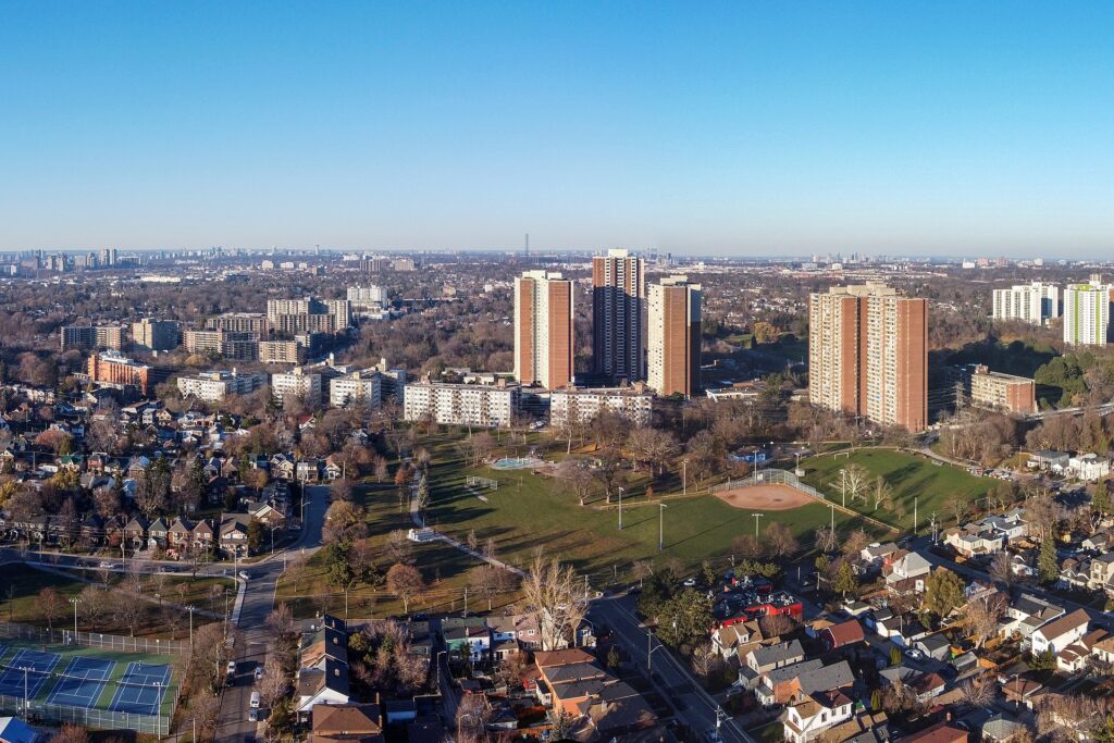 Crescent Town and the surrounding area from the air. Crescent Town was a post-World War II suburban neighbourhood developed in East York.
