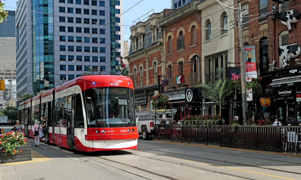 A TTC streetcar on King Street. The streetcar system is the largest and busiest system in North America.