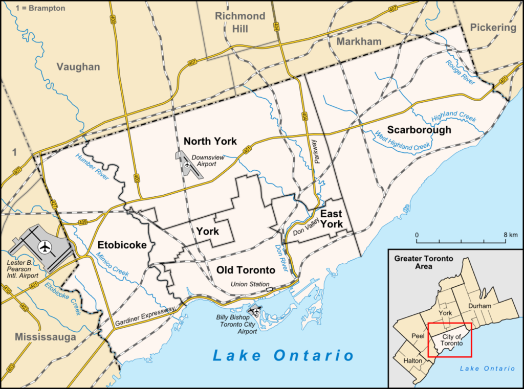 Map of Toronto with major traffic routes. Also shown are the limits of six former municipalities, which form the current City of Toronto.